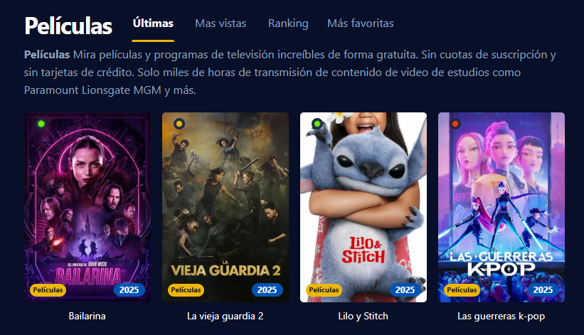 Captura de pantalla de la interfaz de usuario de Cuevana3 mostrando una variedad de pel&iacute;culas y series populares.